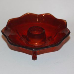 Ruby Red Amberina Glass Lotus Candle Stick Holder Footed Vintage